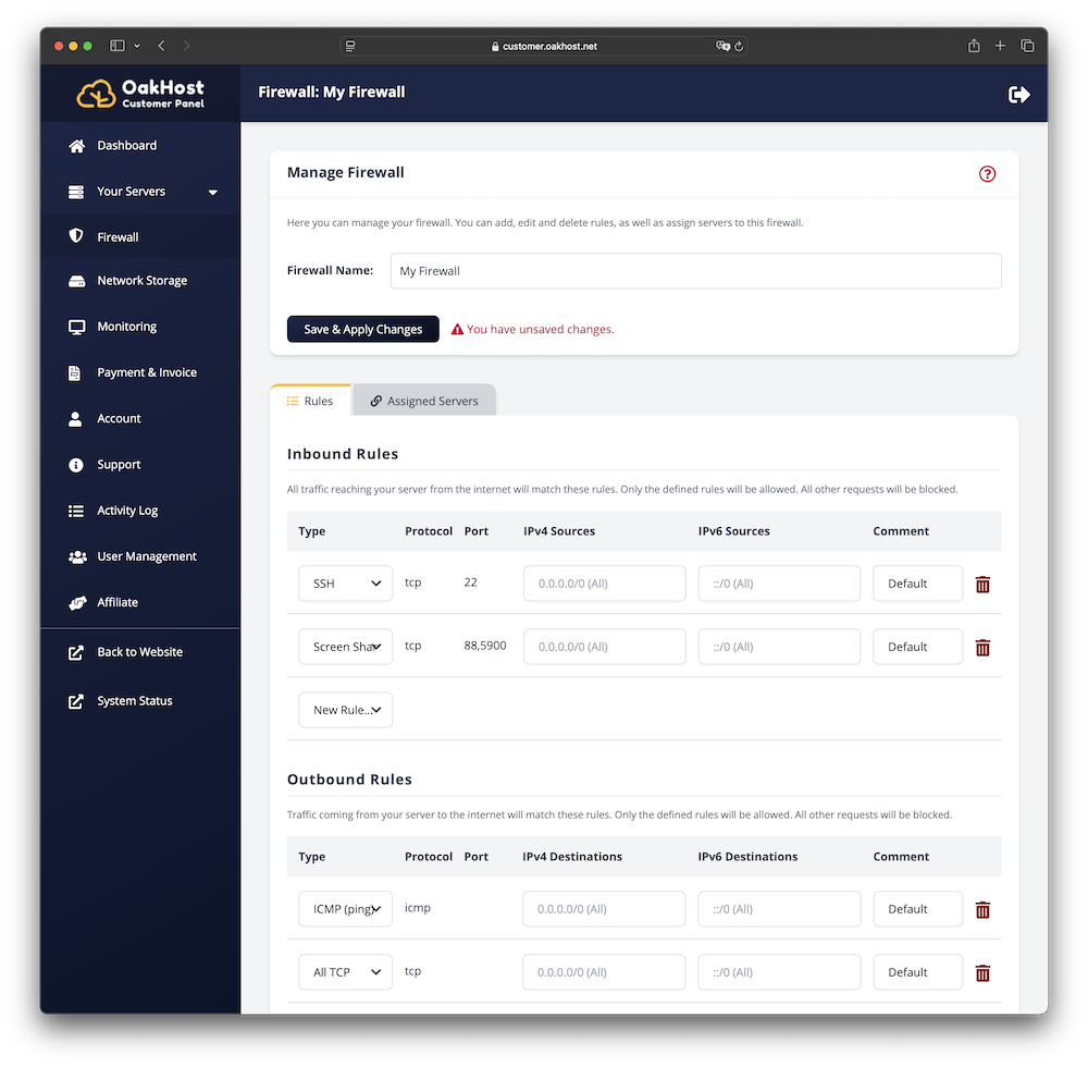 Customer Panel Firewall Section